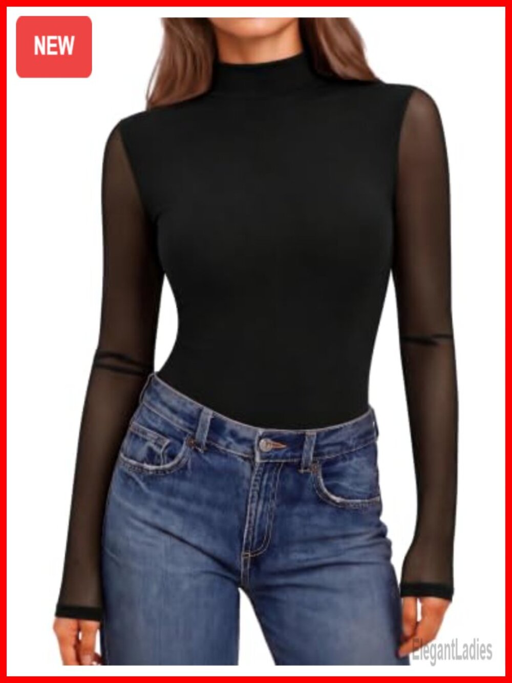 Women's Mesh Long Sleeve Mock Neck Slim Fit Top Sheer Floral Blouse
